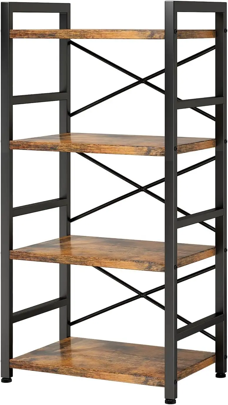 

4-ярусный промышленный стеллаж для небольших помещений, металлический каркас с деревянными полками, вертикальный стеллаж для хранения