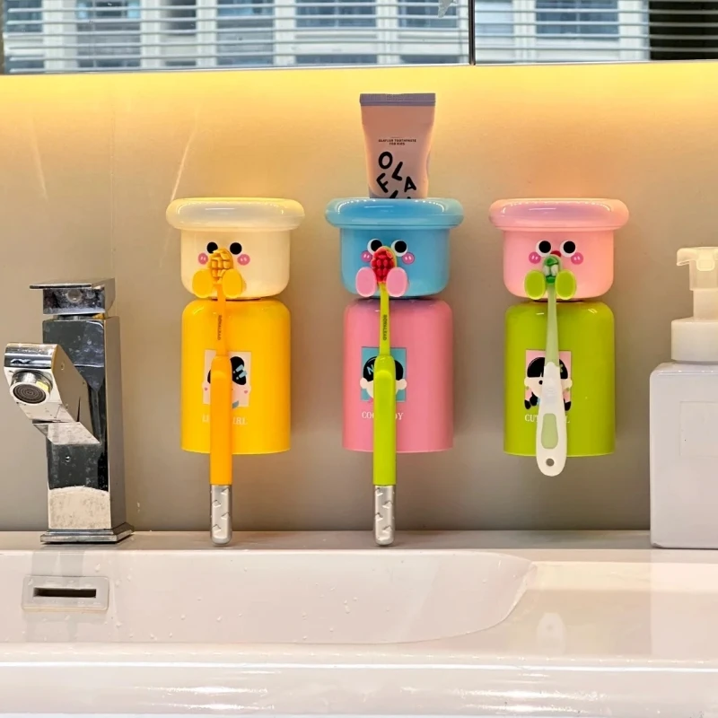 

1Set Cartoon Toothbrush Holder Wall Mounted Punch Free Bathroom Storage Rack Cup Organizer Accessories Set Tooth Brush Holder