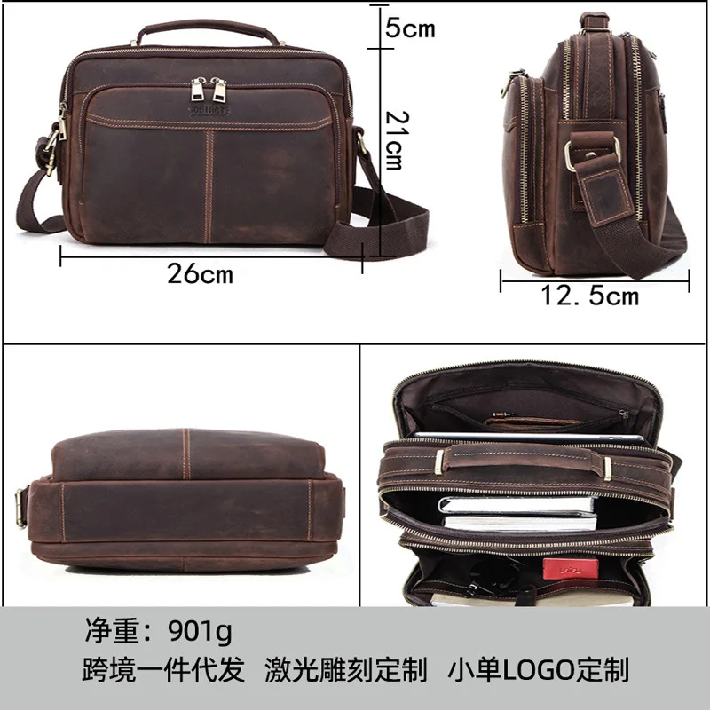 Retro Crazy Horse cowhide can hold 10.5 inch IPAD shoulder messenger bag multi-functional portable leather men's bag