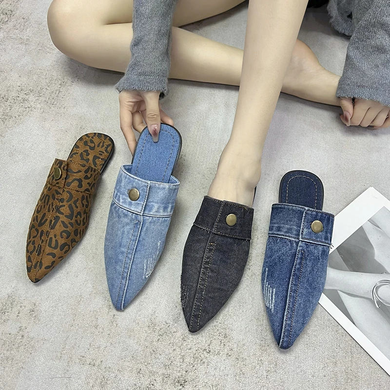 2023 New Womens Slippers Pointed Toe Denim Jeans Blue Flat Slipper Slingbacks Womens Shoes Fashion Sandals Ladies Casual Shoes