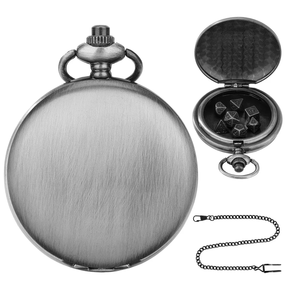 Vintage Pocket Watch Case with Mini Dices Set Classic Grey Black/Bronze Smooth Small Entertainment Game Dice Storage Cases