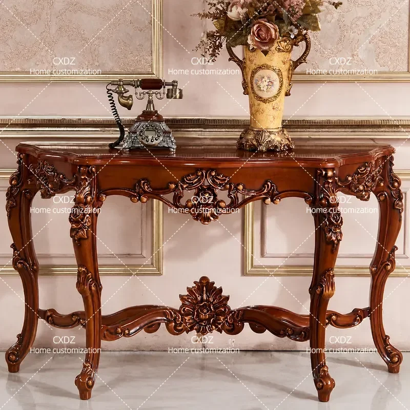 Solid Wood Entrance Table with Carved Floral Design Gold and Silver Accent Foyer Decorative Console Furniture Customizable
