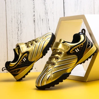 2024 zapatillas de fútbol doradas de alta calidad para niños, talla 29-39, zapatos de fútbol para interiores, zapatos de entrenamiento de fútbol sala para niños y adolescentes