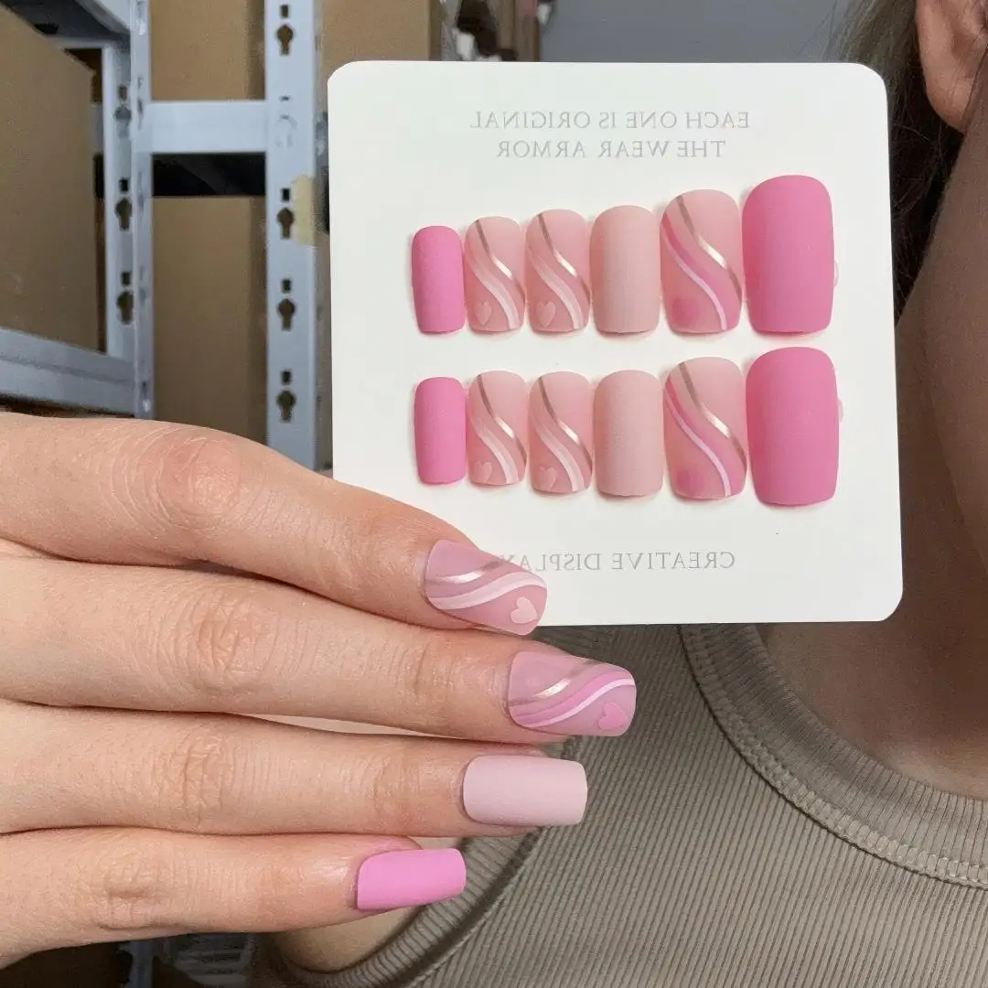 24Pcs/Box Medium To Long Length French Press on Nail Art Removable Artificial Acrylic False Nails Tips Wearable Fake Nails Set
