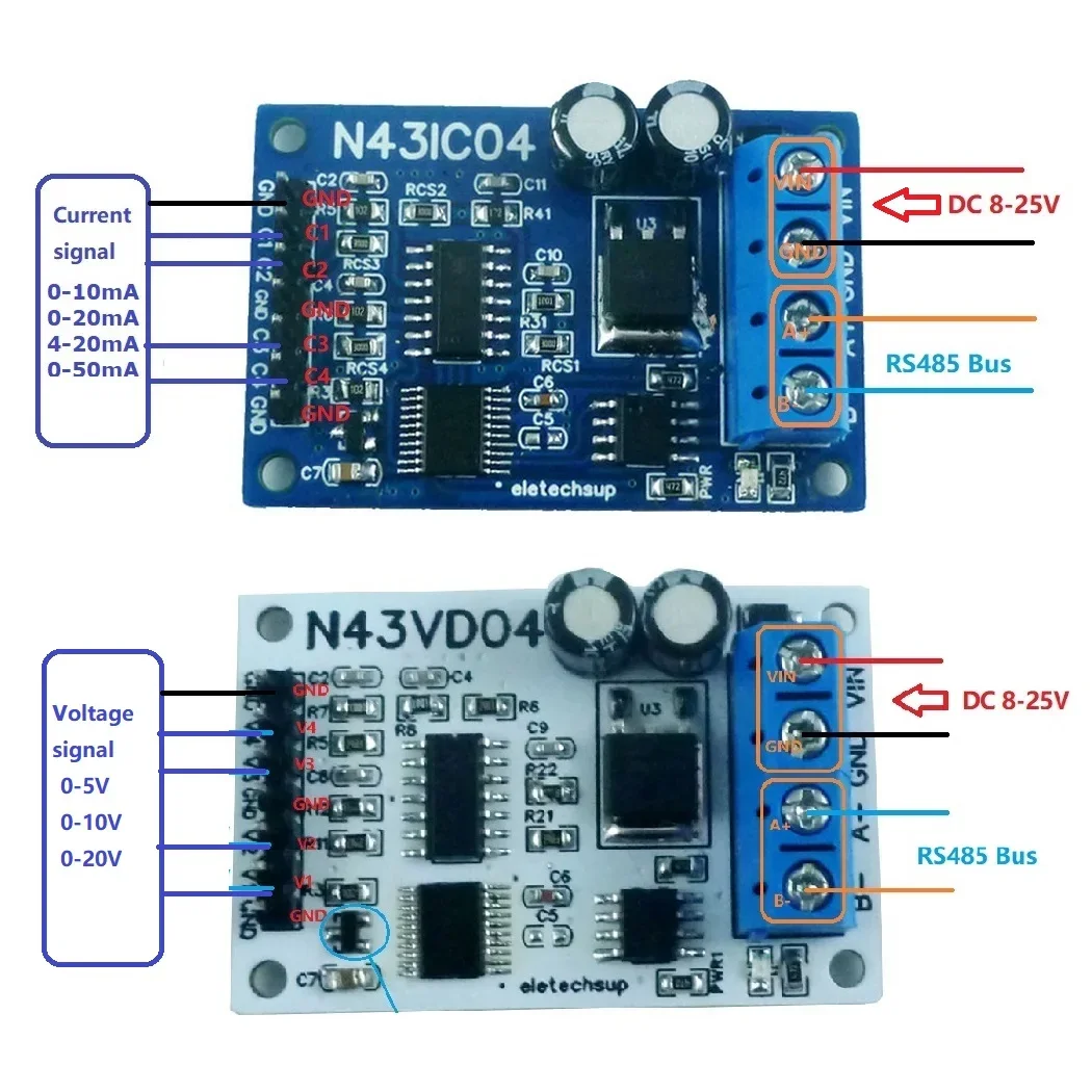 N43IC04 RS485 Modbus RTU ADC Module 4-20MA/0-5V/0-10V 4CH Current/Voltage Analog Acquisition Board