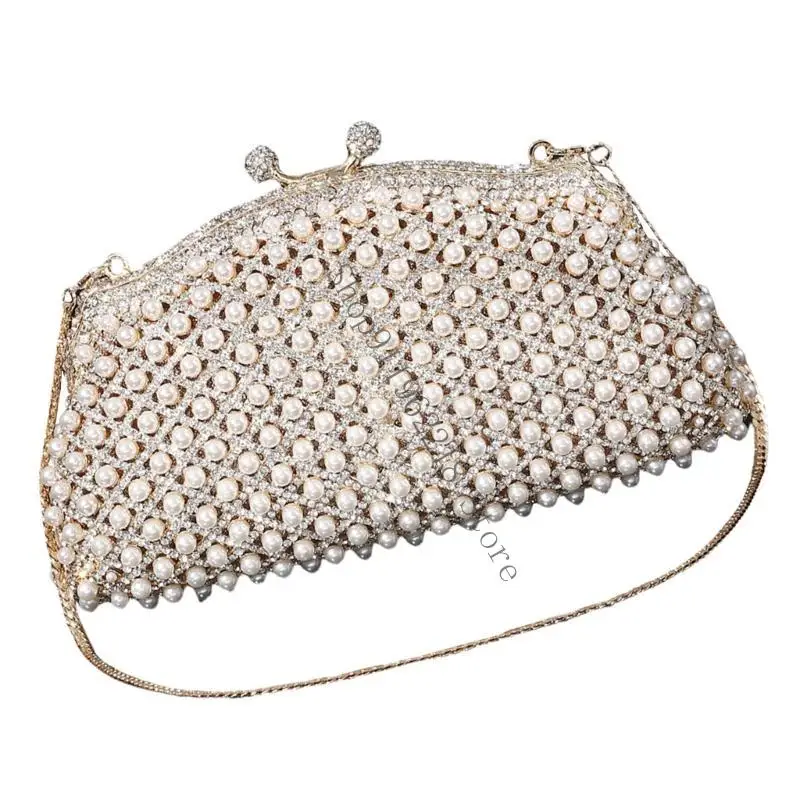 

Sparkling Rhinestones Pearls Evening Clutch Bag for Women Elegant Handbag Purse with Chain for Prom and Wedding Event 066F