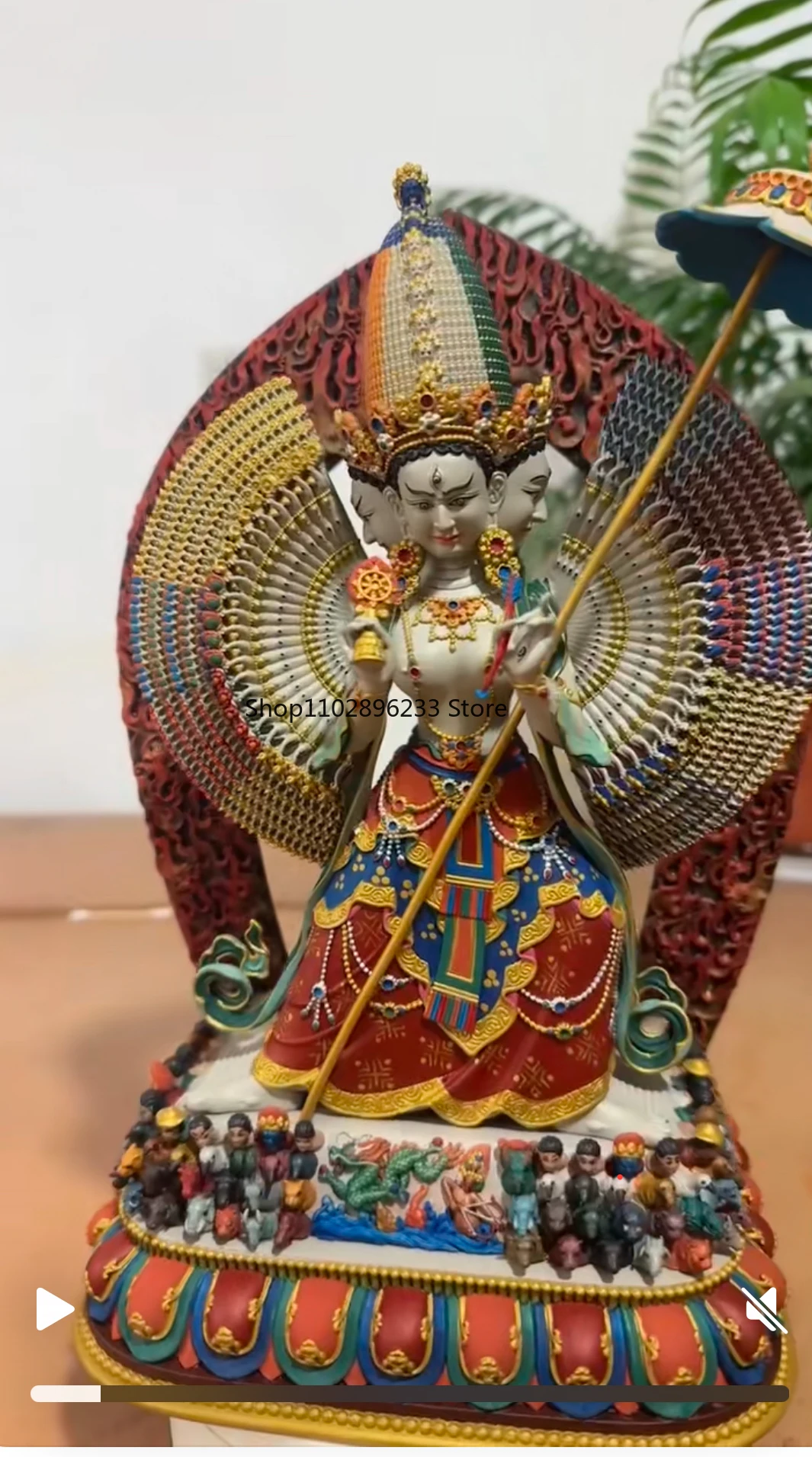 Estatua de Buda de cobre de Boutique con cubierta de paraguas blanca grande, madre de Buda, pintura mineral de 33 cm, estatua de Buda tibetano Tantra