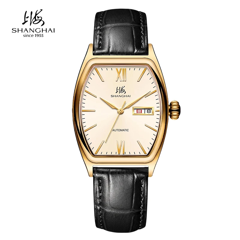 SHANGHAI Classic Tonneau Automatic Mechanical Watches For Men 36×48 mm Case Day‑Date Wristwatch 5ATM Water‑Resistant Model S8005