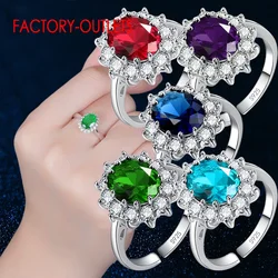 Genuine 925 Sterling Silver Flower Pattern Finger Rings For Women Shiny Crystal Ring Wedding Band Engagement Statement Jewelry