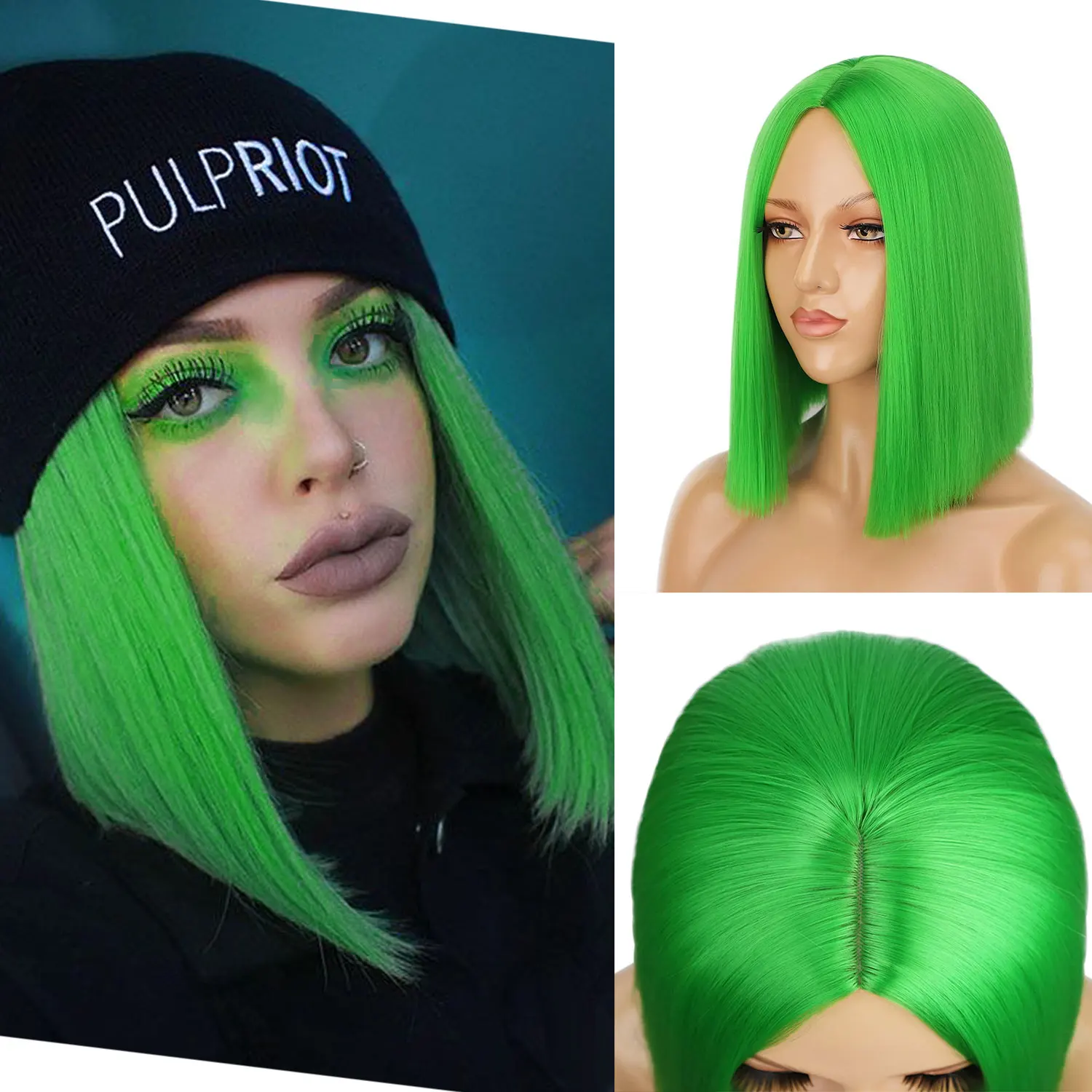 Synthetic Short Bob Wig for Women Straight Colored Wigs Party Wig Costume Wigs Middle Parting Cosplay Fun St. Patrick's Day