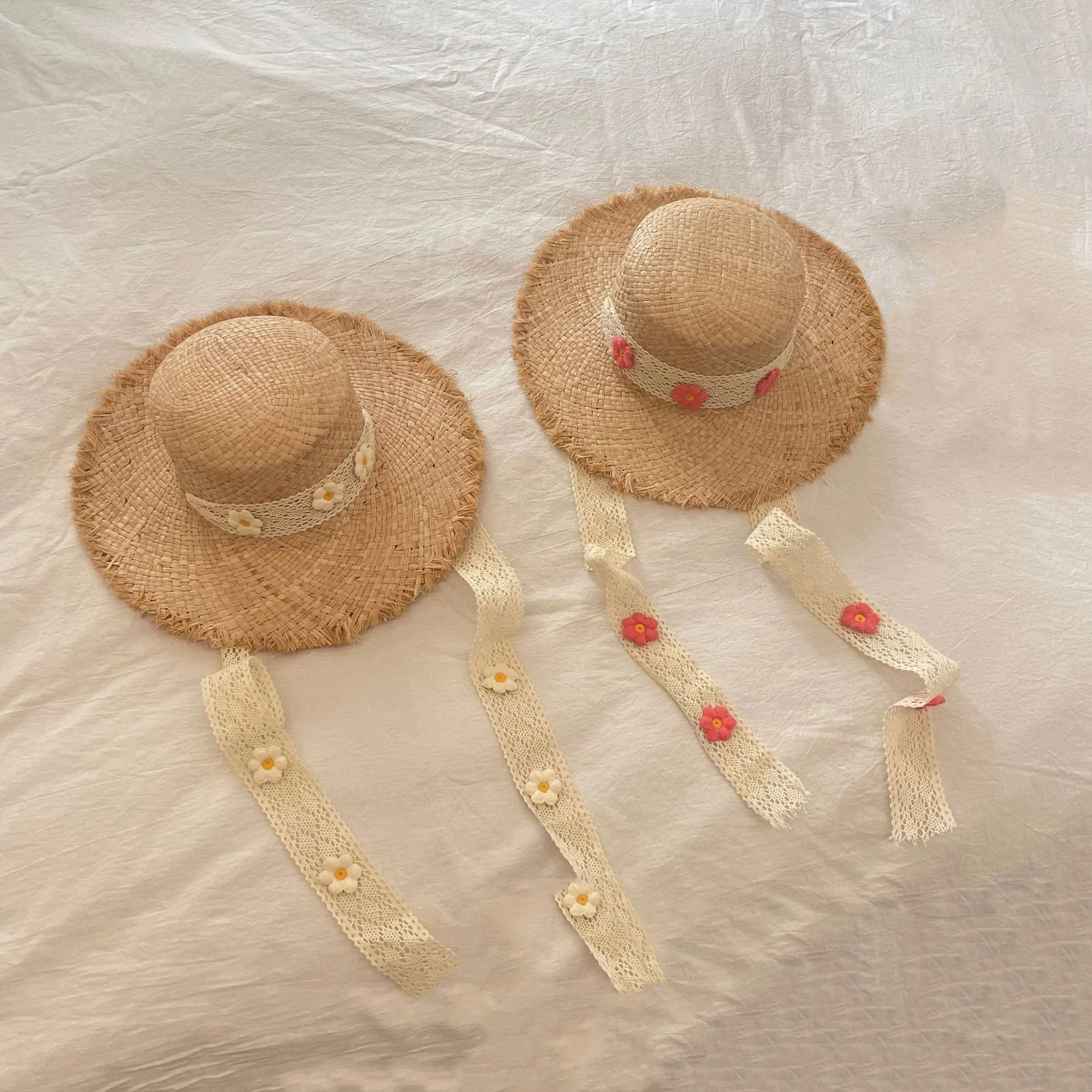 2023 Girls Spring and Summer New Sun Hat Children UV Protection Flower Lace with Large Eaves Straw Hat