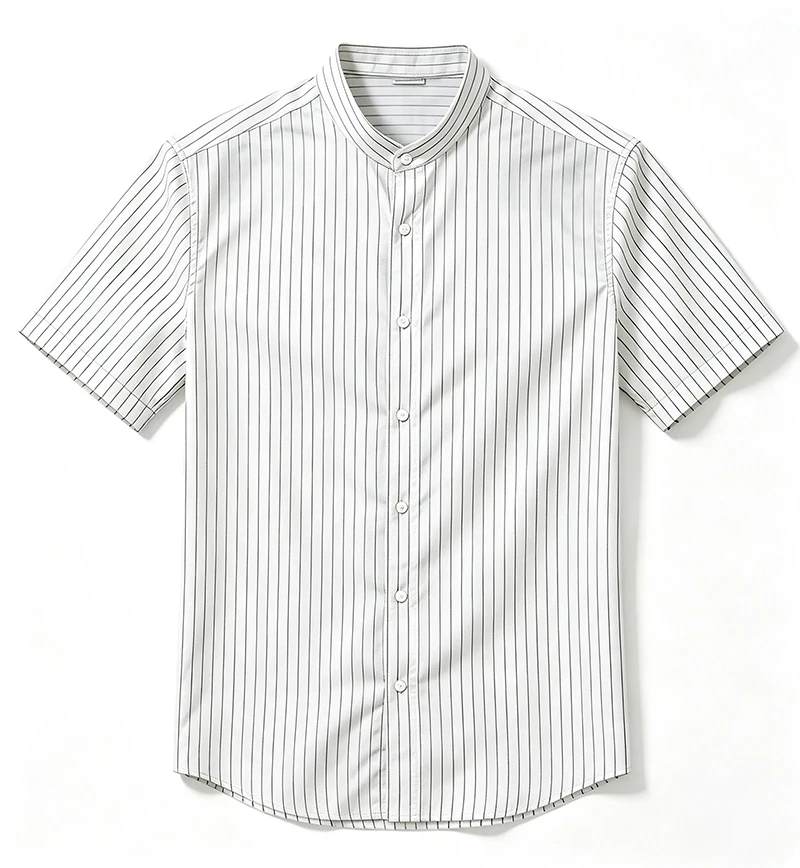 Herren-Hemd aus gewebtem, gestreiftem Leinen, Kurzarm, entspannte Passform, Stehkragen, leicht, für den Sommer, Freizeit, Urlaub und Strand. – Detail 20