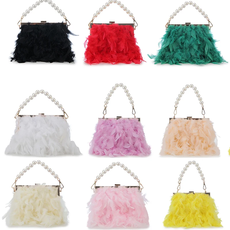 Luxury Feather Purses and Handbags for Women Party Evening Clutch Bag Shoulder Bag Pearl Chain Designer Wedding Bag 12 Colors