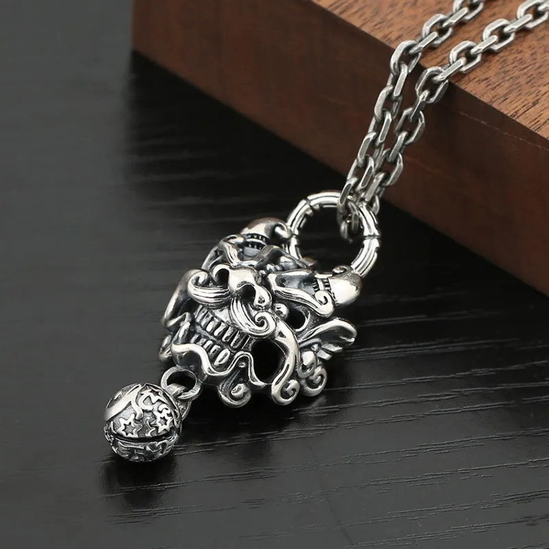 BOCAI New  S925 Silver Vintage Thai Chinese Style Tang Lion Bell Pendant for Man Good Luck Jewelry Accessories