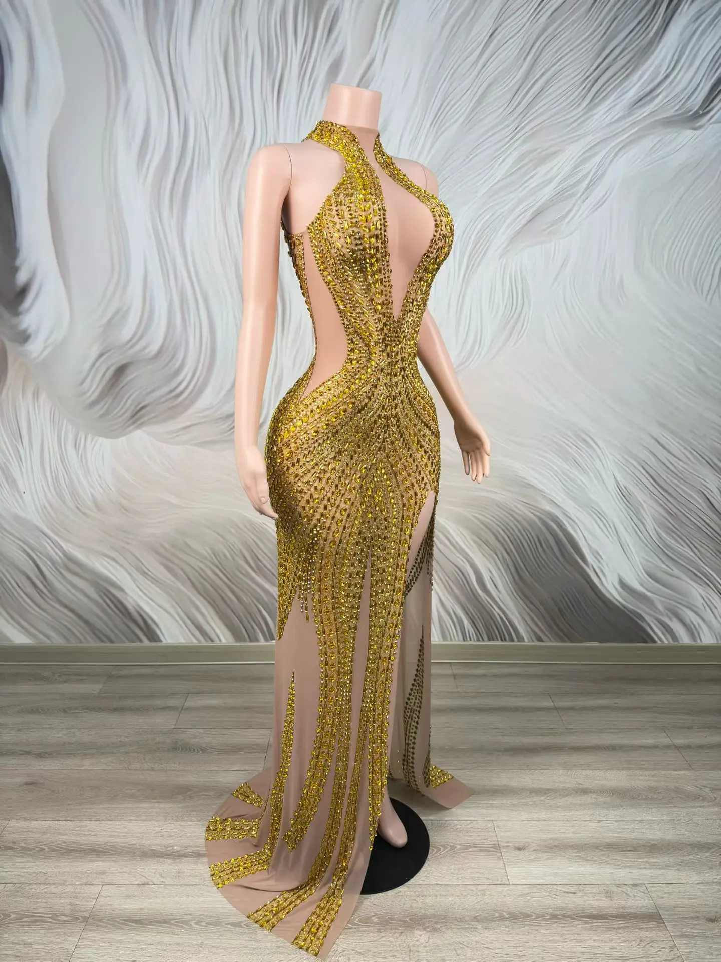 Jinchan Gold Rhinestone Mermaid Evening Gown High Neck Deep Cutout Sheer Mesh High Slit Long Party Dress - view 4