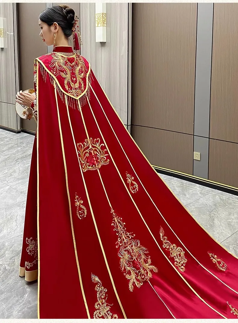 Mingli Tengda Red Cloak Bride Wedding Chinese Style Shawl Long Tail Phoenix Crown Xiapei Large Cloak Long Cloak Embroidery Coat