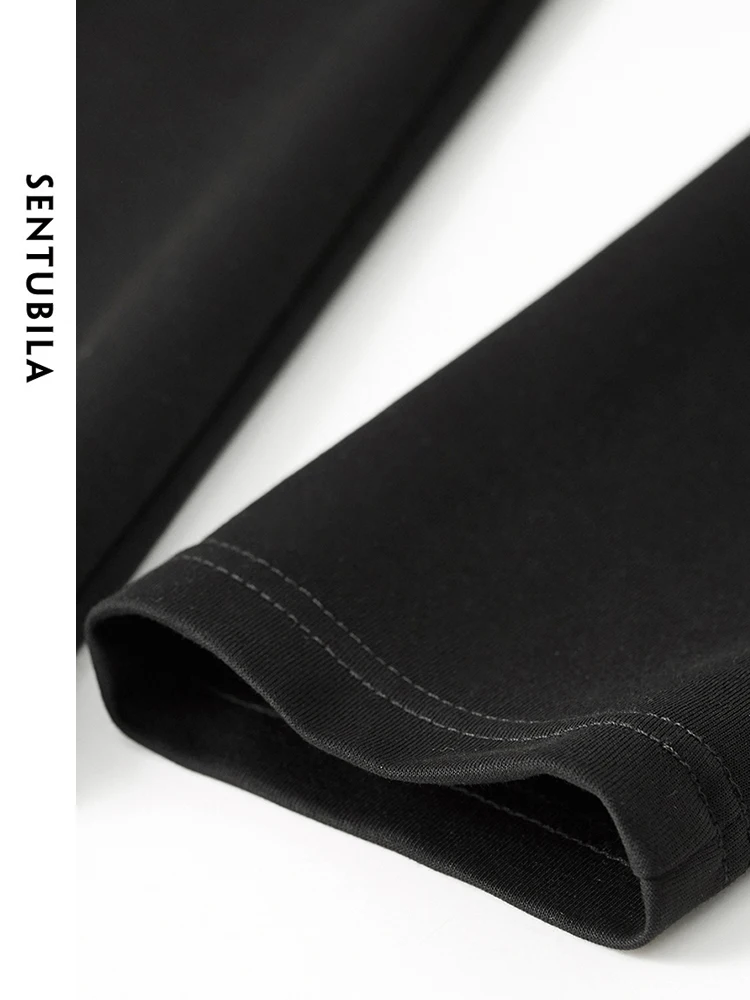 SENTUBILA Cotton Black T-Shirt Women 2025 Autumn Casual Round-Neck Long Sleeve Tops Korean Style Women's Clothing 143T55922