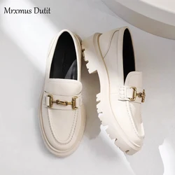 Mrxmus Dutit 2024 New Women Genuine Leather Round Head Thick Loafer Shallow Black Wild Casual Simple Slip-on Shoes Female Chic