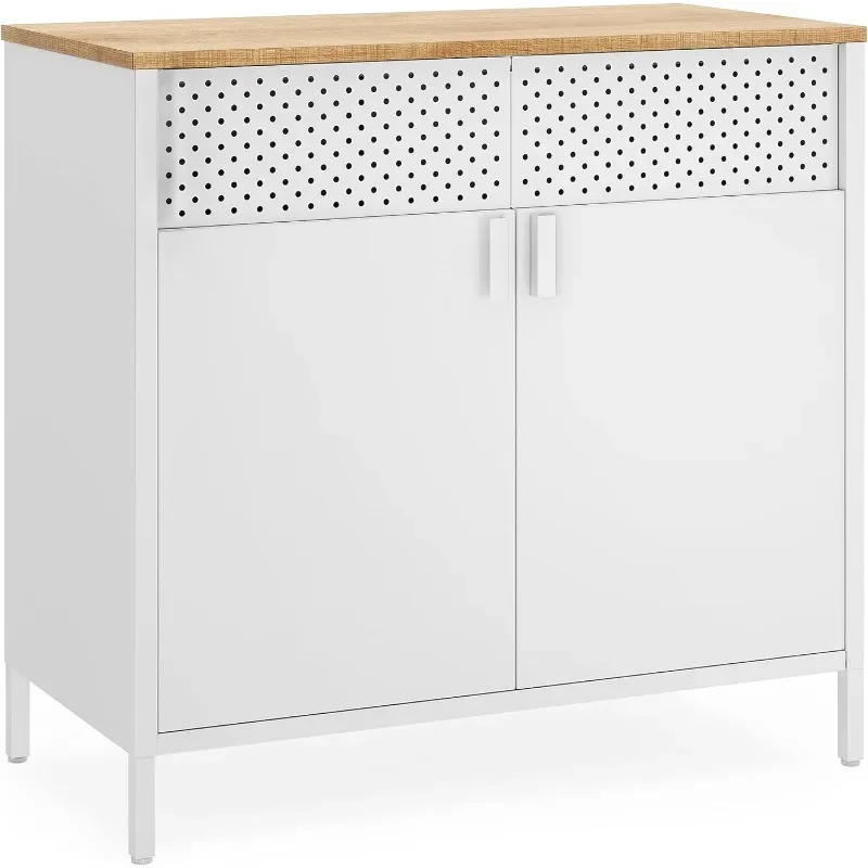 

Storage Sideboard, Buffet Table with Adjustable Shelves, Floor Storage Cupboard, Steel Frame, Natural and White