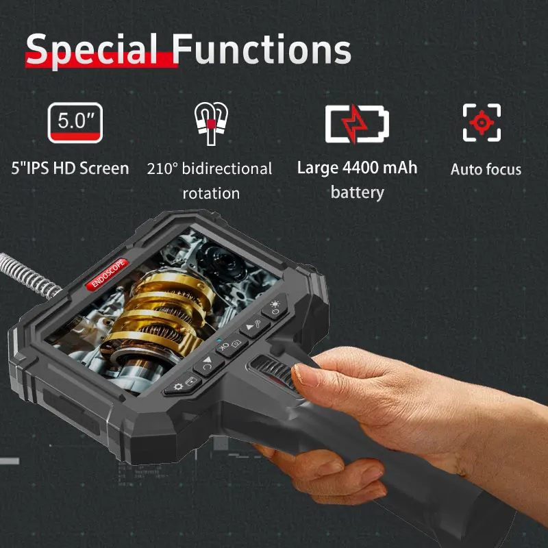 Ralcam Endoscope Camera with Light, Endoscope Camera with 210° Movable Head,  5 Inch HD Screen, 1-6M Cable for Car and Home