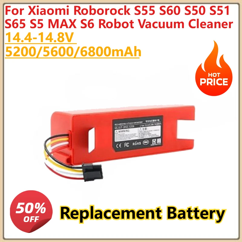 

New High Quality 14.4V 6800mAh Replacement Battery for Xiaomi Roborock S55 S60 S50 S51 S65 S5 MAX S6 Robot Vacuum Cleaner