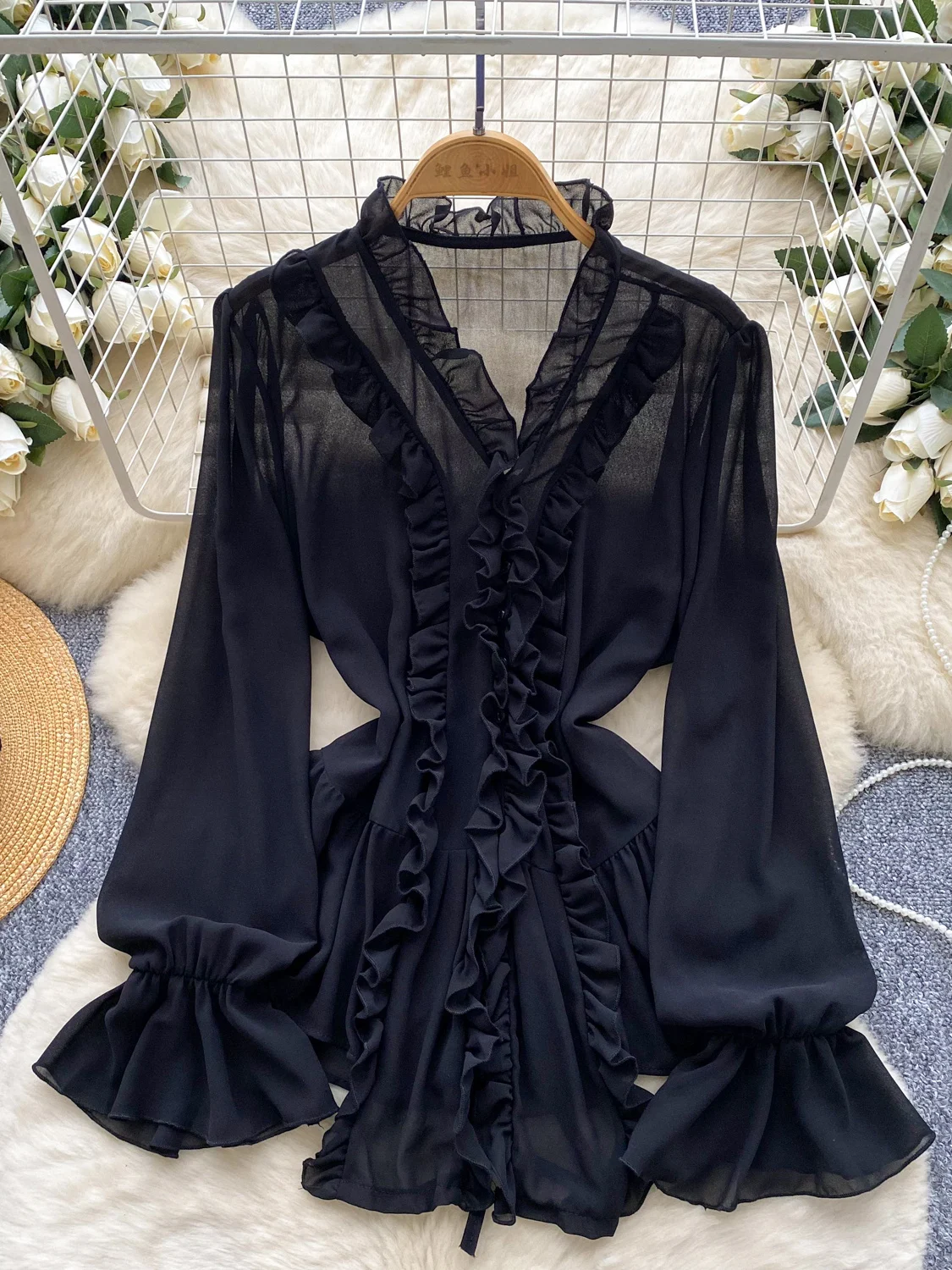 

Fashion Long Sleeve Blouse for Women Autumn with Thin Ruffled Edges and Mesh Shirts