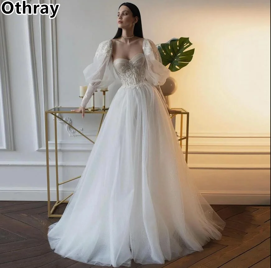 

Othray Charming Wedding Dresses Sparkly Tulle Puff Long Sleeves Lace Applique Bridal Gowns Lacing Up Back Robe De Mariée 2025