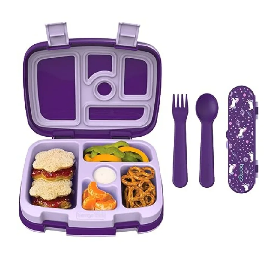 

Kids Prints 5-Compartment Bento-Style Kids Lunch Box Set with Reusable Plastic Utensils (Unicorn)