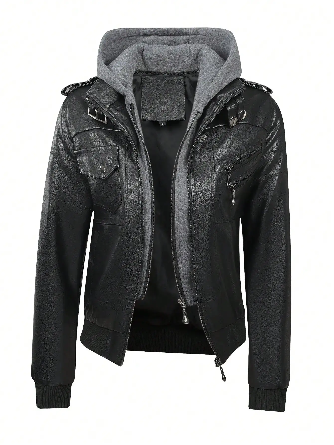 

Women's Black Faux Leather Hooded Jacket with Zipper Closure and Shoulder Tabs