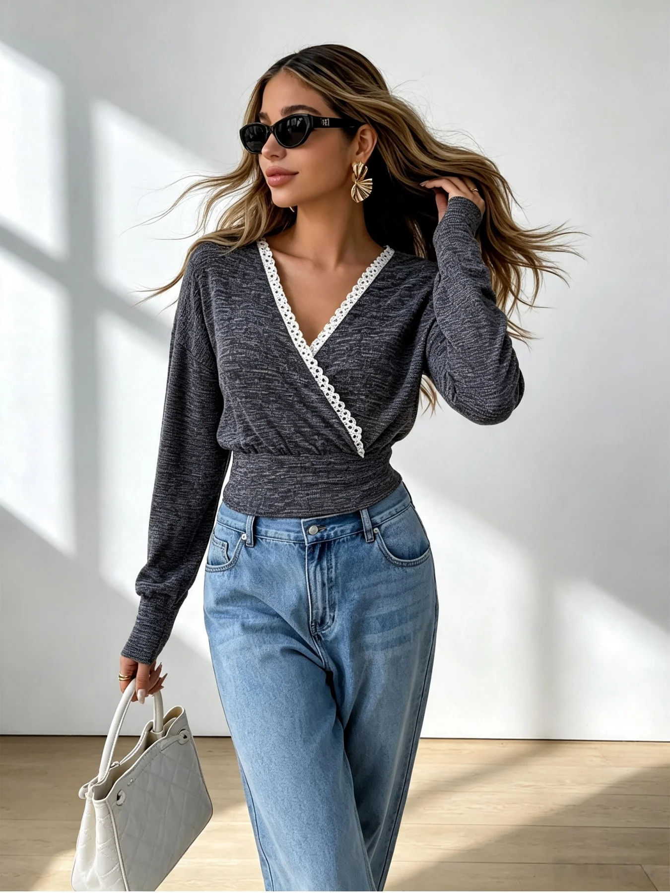 Women Lace Trim Wrap V Neck Long Sleeve Crop Top Heathered Slim Waist Casual Blouse Spring Autumn T-shirt