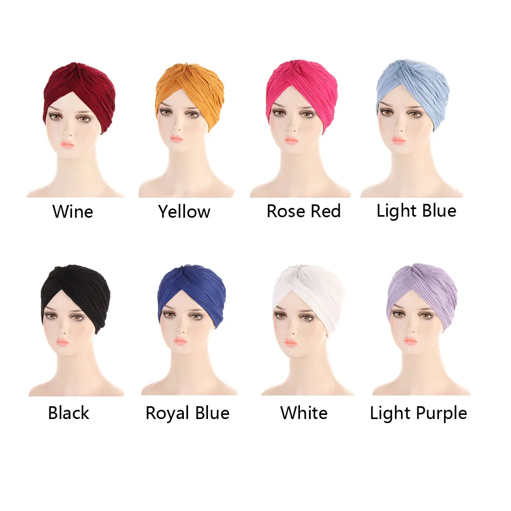 Muslim Women Winkle Cross Ruffle Chemo Sleep Turban Headwear Solid Scarf Beanie Cap Hat for Cancer Patient Hair Loss Accessories