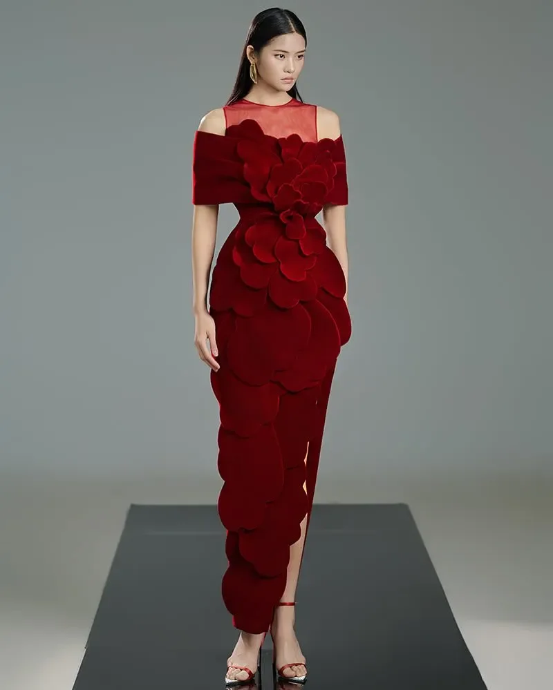 CustomizedCustomized Fashion Burgundy Jersey Evening Dress Formal Crew Neck Off the Shoulder Mermaid Zipper Back Side Slit Pro