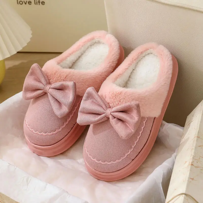 

Thick Bottom Suede Bowknot Slippers Women 2025 Winter Warm Short Plush Non Slip Indoor Slippers Fluffy Fur Woman's Home Slides