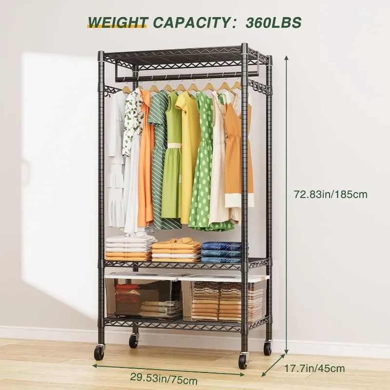 G1M Heavy Duty Clothes Rack,  Rolling Garment Rack for Hanging Clothes, Adjustable Wire Clothing Rack with Storage Shelves