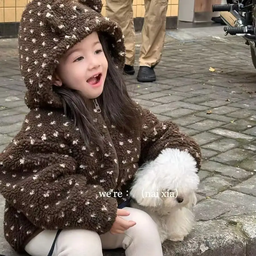 Girls Autumn Winter Coat New Children's Lamb Fleece Quilted Jacket Hooded Warm Baby Cotton Padded Outwear