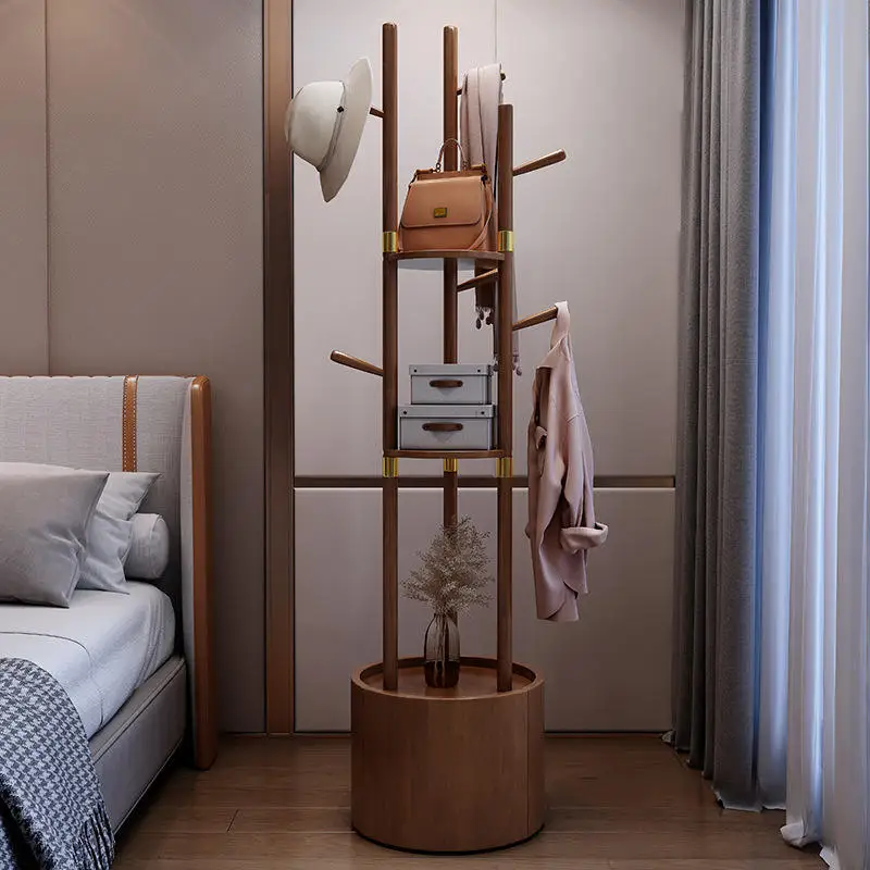 Bedroom with solid wood hangers, cylindrical modern wooden wardrobes - small footprint