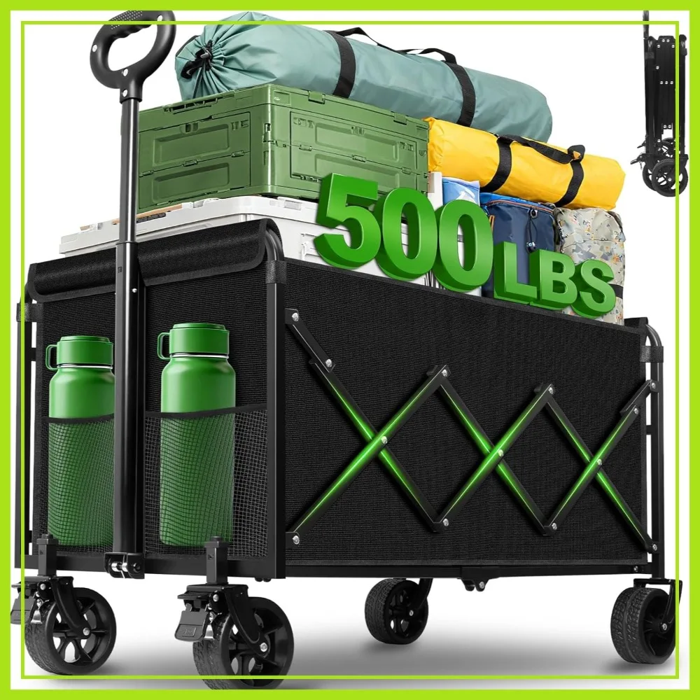 

500Lbs Collapsible Wagon Cart with Wheels Portable, All Terrain Utility Cart for Groceries, Camping, Garden