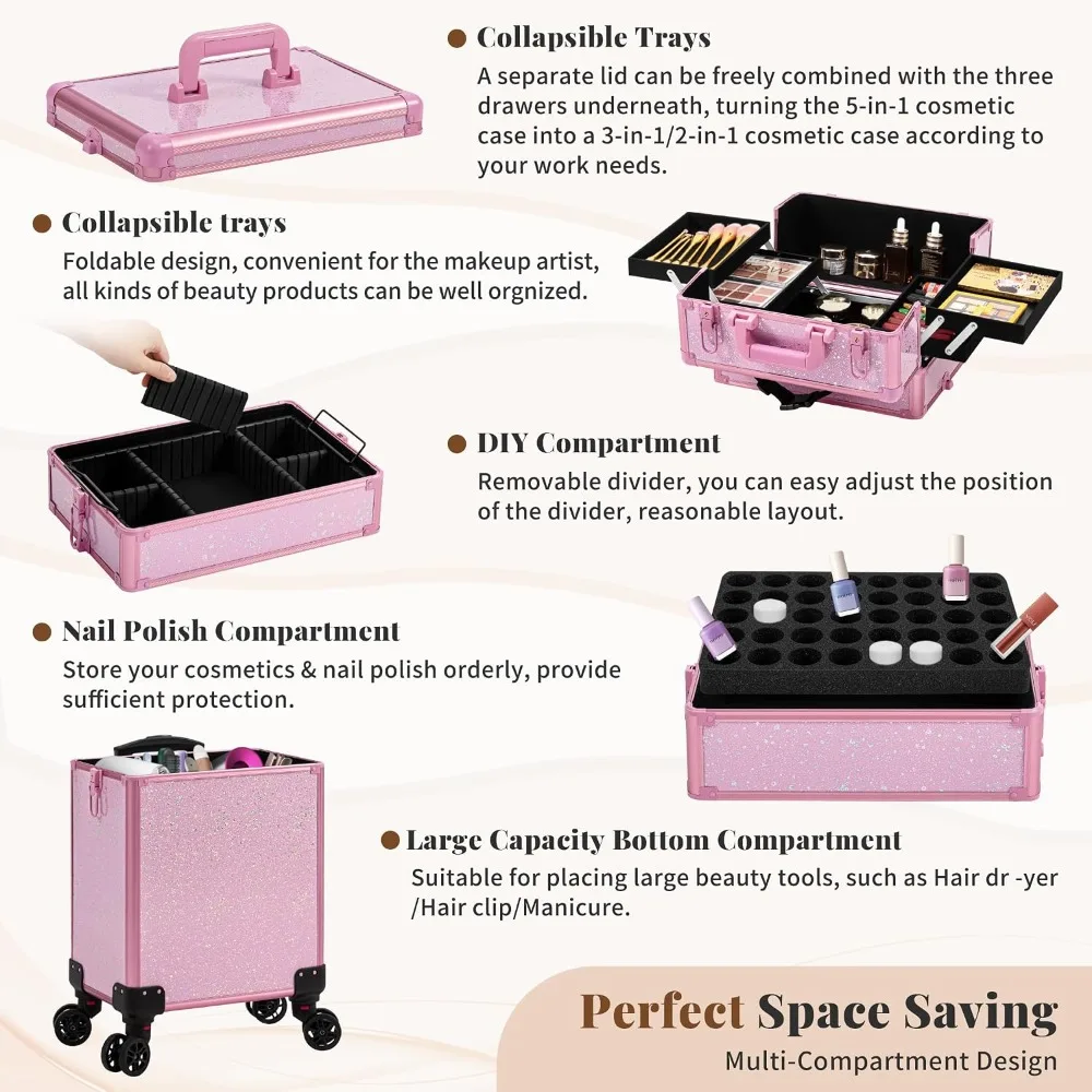 5-in-1 Rolling Makeup Train Case, Large Capacity Cosmetic Trolley with Lockable Wheels, Pink view 6