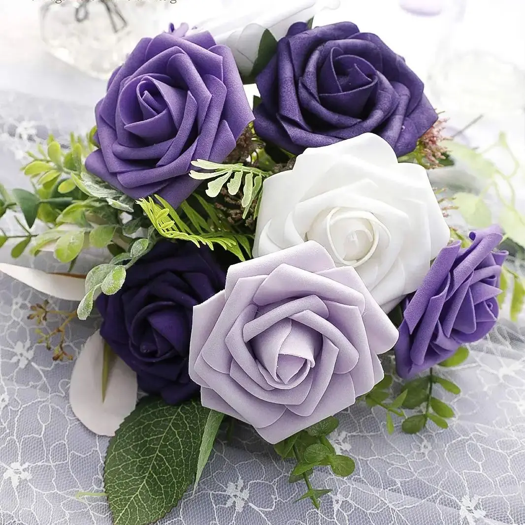 Artificial Flowers 25pcs Real Looking Violet Purple Ombre Colors Foam Fake Roses with Stems for DIY Wedding Bouquets Bridal Show