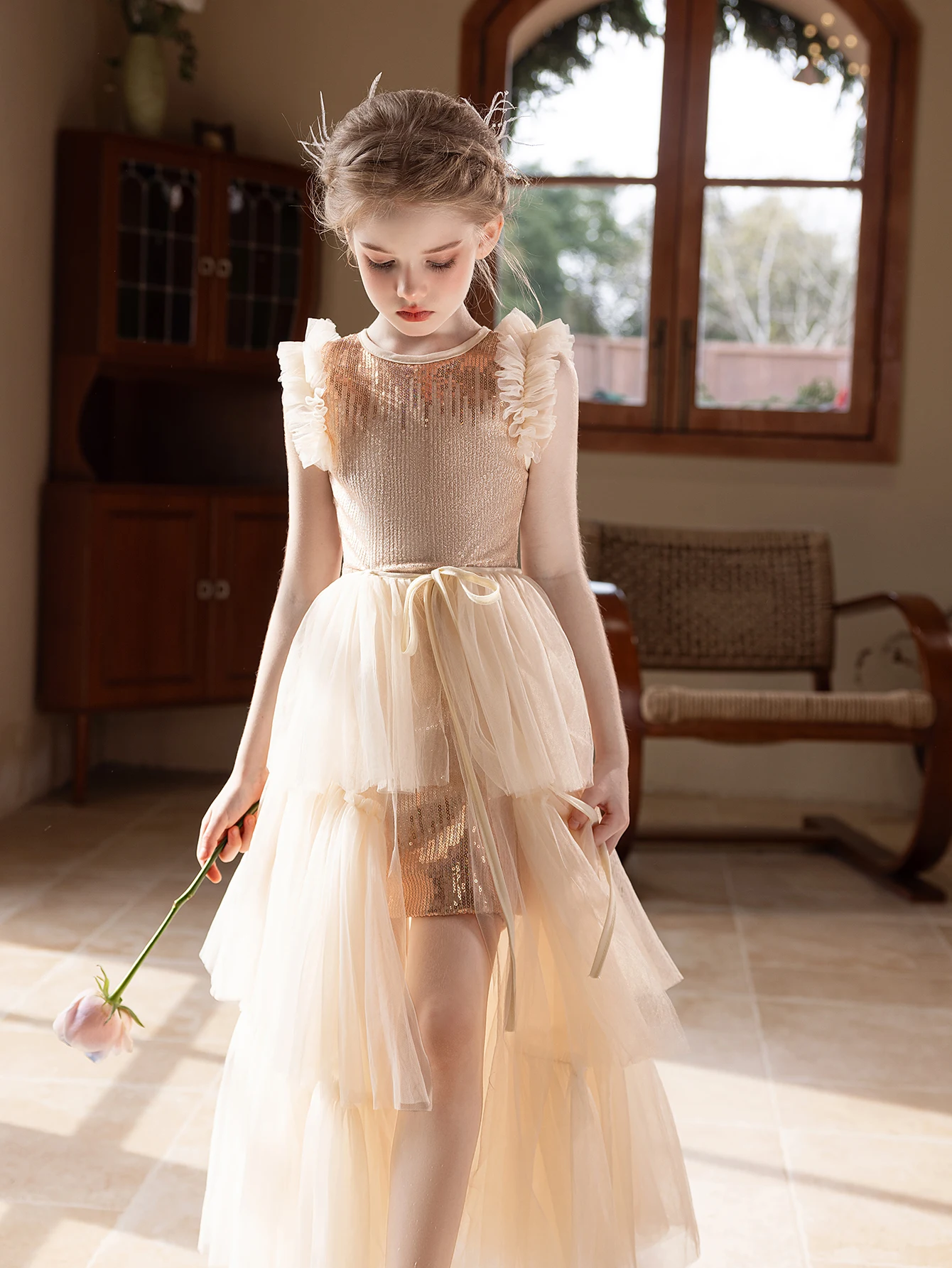 Girl party dress champagne-colored high-end dress set for birthday wedding flower girls