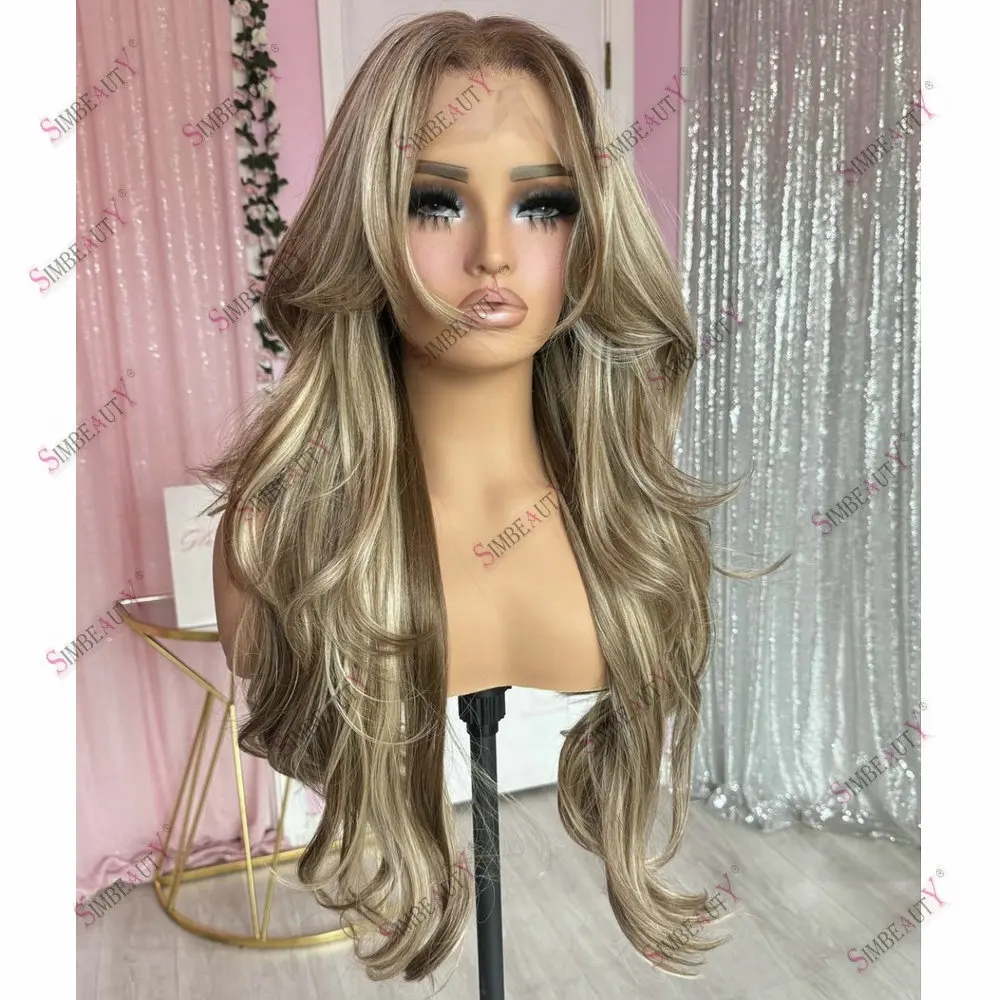 Pirang cahaya coklat Hightlight 13*6 renda Wig rambut manusia Ombre berwarna sedikit keriting 13*6 renda Wig Frontal untuk penggunaan sehari-hari wanita