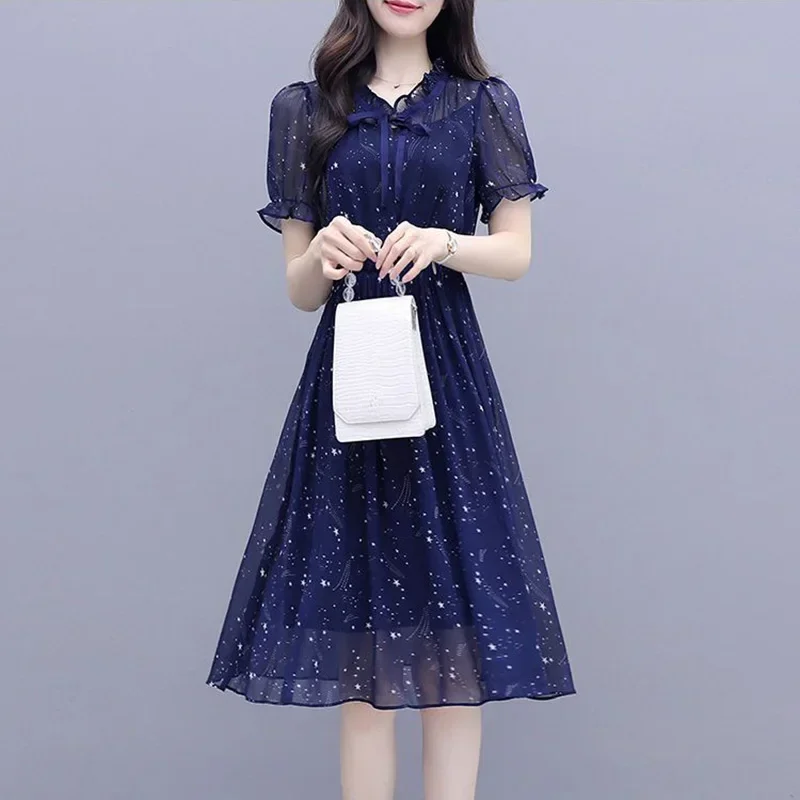 Elegant Ruffles Loose Folds Lace Up Bow Floral Dress Women\'s Clothing 2024 Summer New Short Sleeve Office Lady Mini  R280