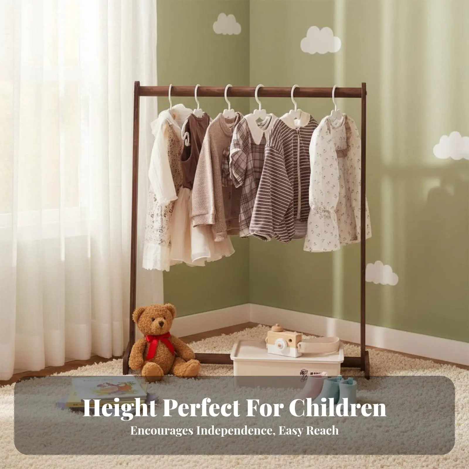 キッズ用ブランチデザイン洋服掛け、自立式デザイン、子供部屋オーガナイザー、複数の吊り下げペグ、安定したベース、プレイルーム用