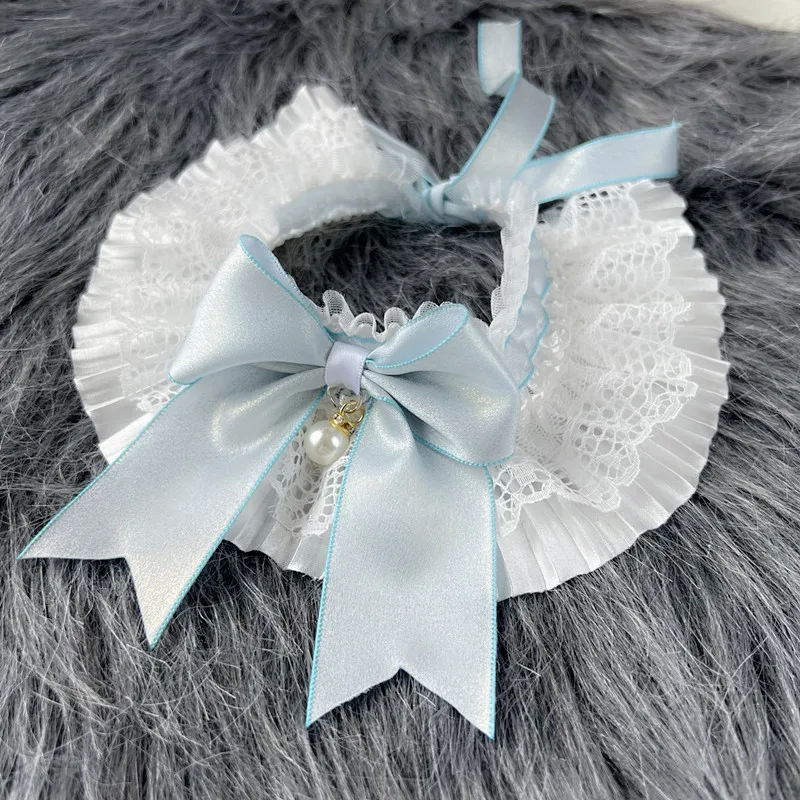 Sweet Cat Dog Bibs Collar Girls Neck Decoration Adjustable White Lace Pink/Blue Bowknot Neckerchief  String Strap Scarf Necklace