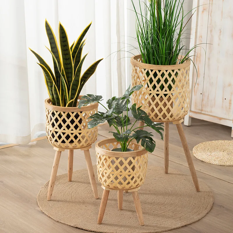 Nordic style rattan woven flower pot, indoor balcony, living room, plants, green ivy, hand woven wooden high legged floor flower