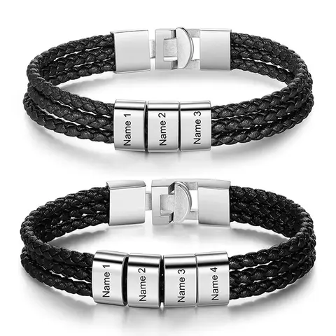 Custom Men Bracelets with Names Engraved Bracelet for Men Personalzied Braided Leather Bracelet for Men Fathers Day Bracelet