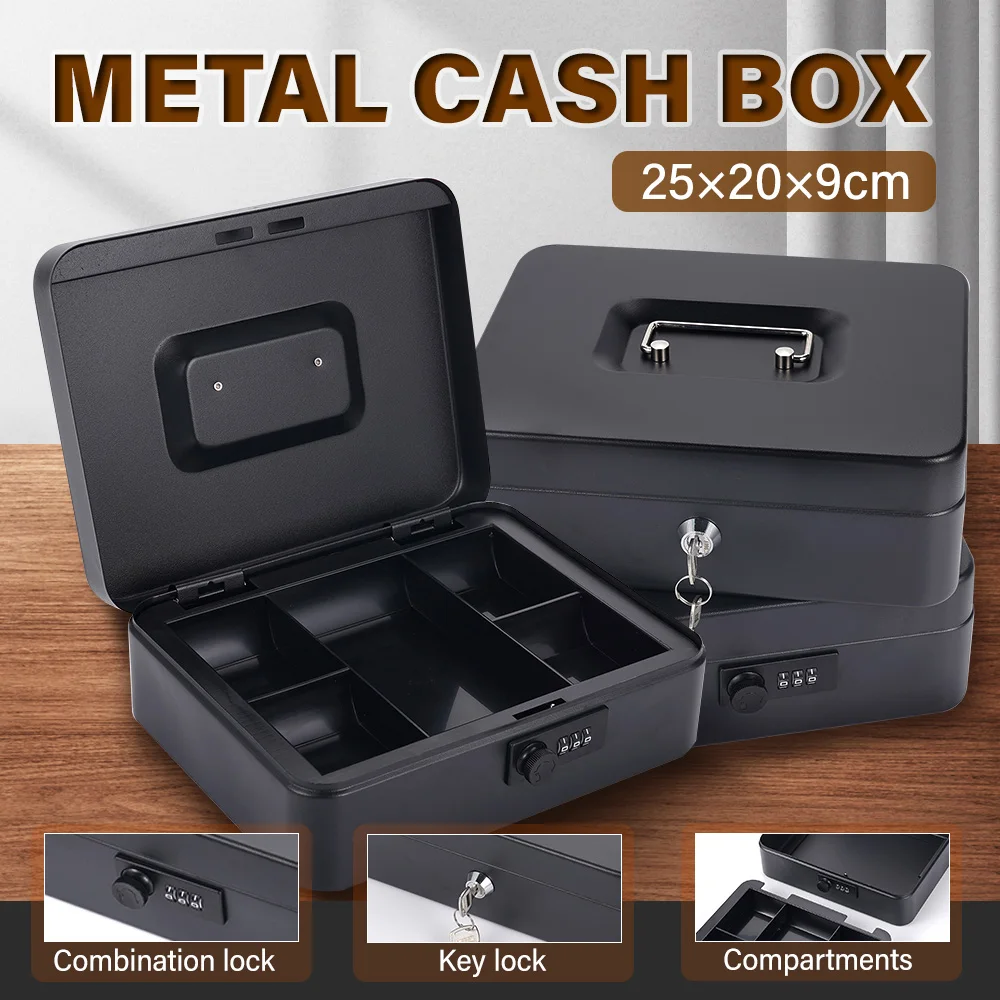 

25CMx20CMx9CM Portable Money Box Password Style/Key Style Metal Cash Register Box Collection Box For Home Office Supermarket
