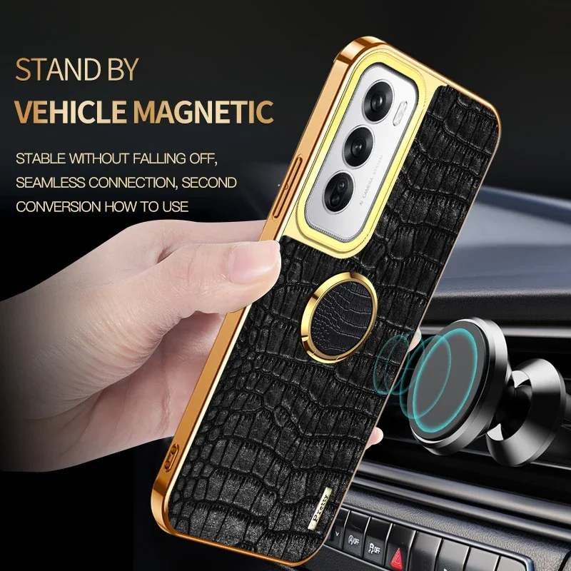 Magnetic Holder Stand Cover Phone Case For OPPO Reno 11A 12 FS 13 10 Pro Plus 5G Silicone Soft Crocodile Texture PU Leather Case