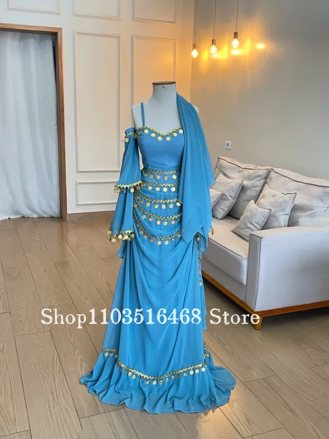 Sky Blue Chiffon Gold Coin Arabian Princess Evening Dress Matching Shawl Customized Arabian-Themed Prom Dress Middle Eastern2026