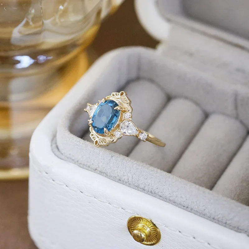 LAMOON Vintage Luxury Blue Topaz Ring For Women Court Style Elegant 925 Sterling Silver 14k Gold Plated Fine Jewelry Gift